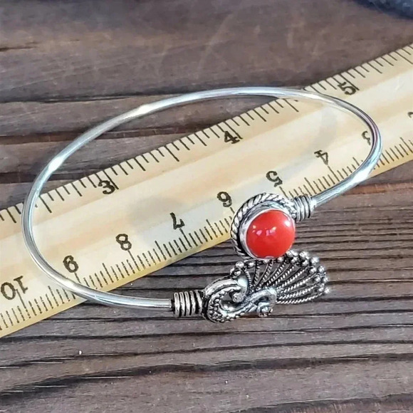 Handcrafted Red Coral Gemstone Peacock Sterling Silver Overlay Cuff Bracelet #O - Picture 7 of 7